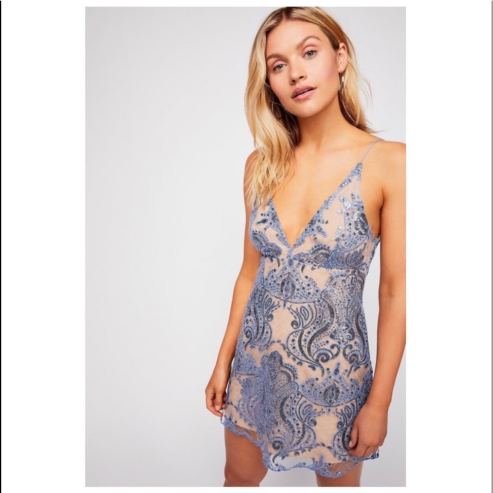 Free People Night Shimmers Mini Dress Blue